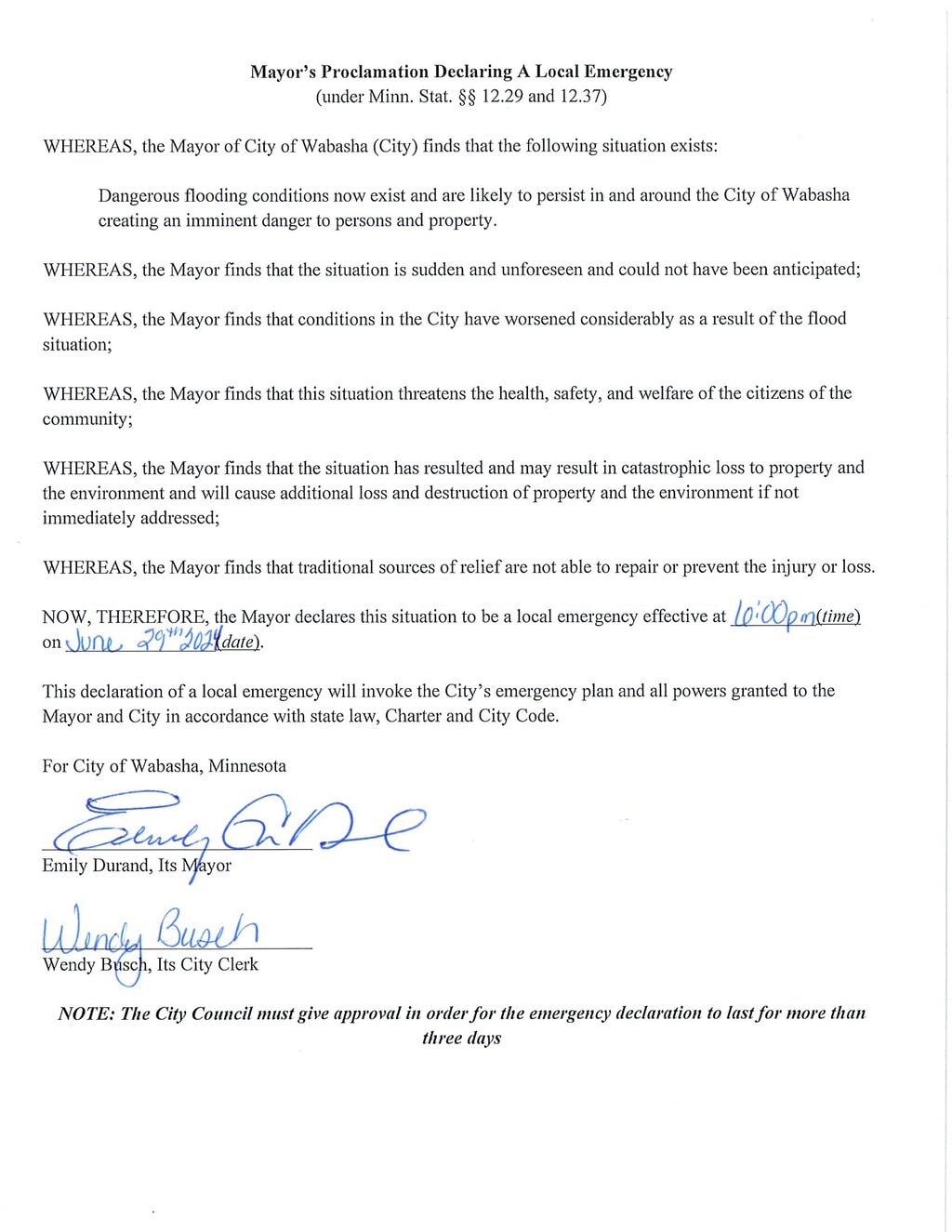 Mayos Proclamation Declaring A Local Emergency - City Of Wabasha