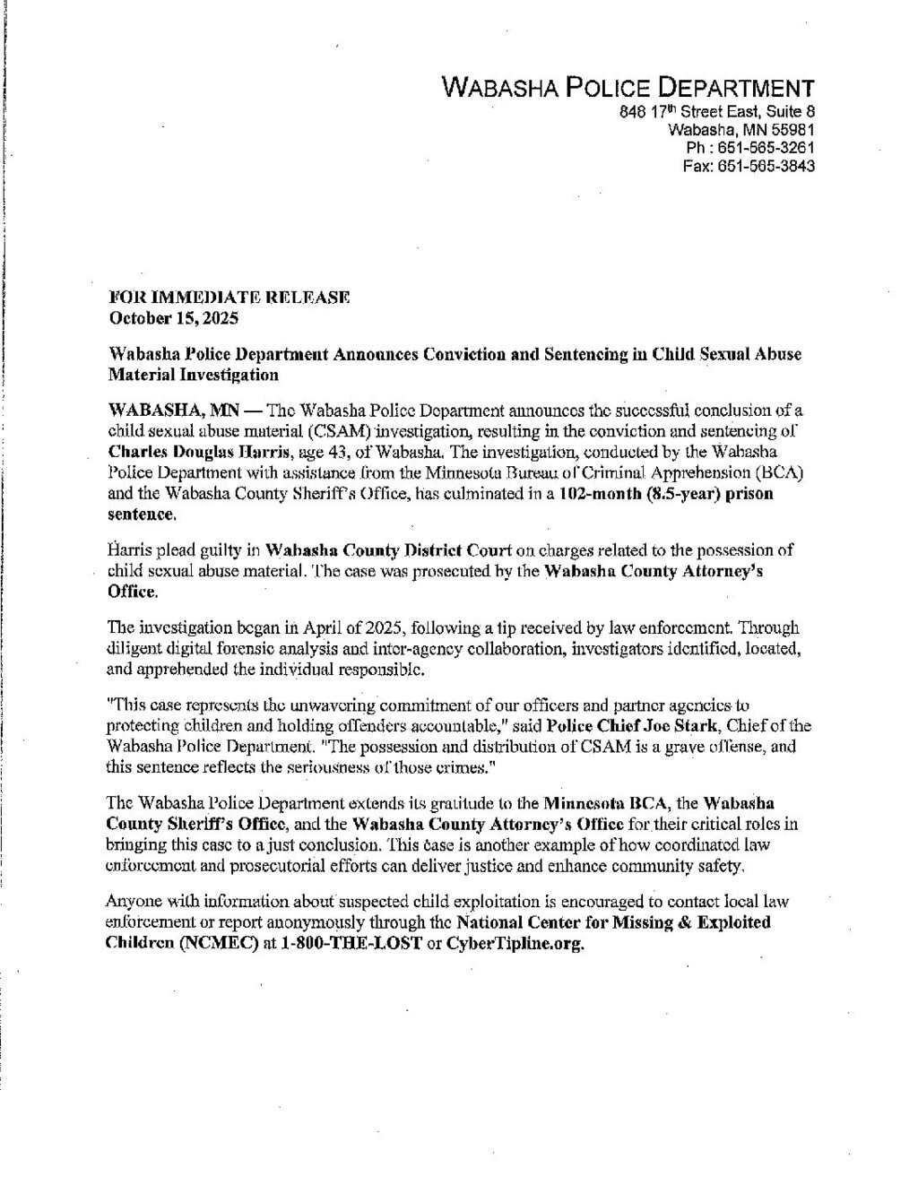 PressReleaseWabashaPolice pdf - City of Wabasha